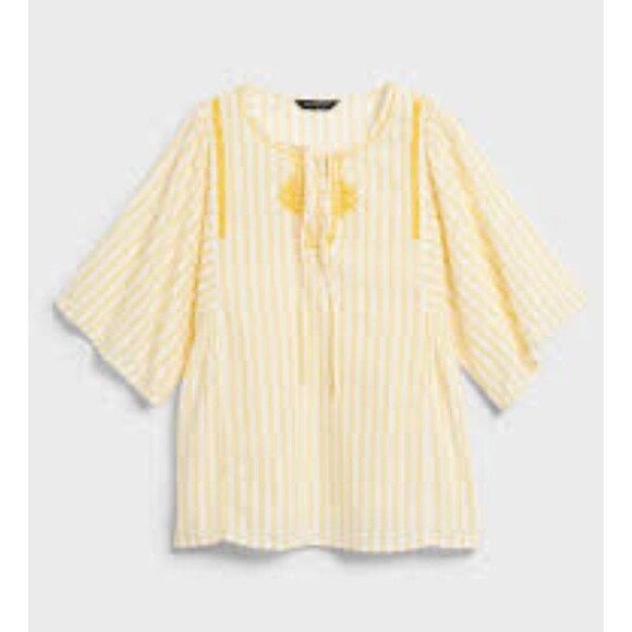 Banana Republic Blouse Size M Embroidered Tie Neck Smocked Waist - Picture 2 of 9